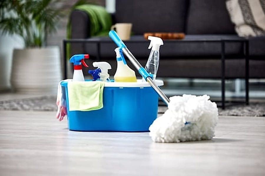 Cleaning supplies and a mop ready in a bright, tidy living room